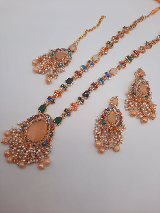 Noratan Kundan maala set with earrings and teeka for modern brides - NATASHAHS