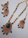 Noratan Kundan maala set with earrings and teeka for modern brides in black and green shades - NATASHAHS