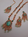 Noratan Kundan maala set with earrings and teeka for modern brides in black and green shades - NATASHAHS