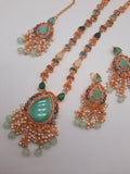 Noratan Kundan maala set with earrings and teeka for modern brides in black and green shades - NATASHAHS