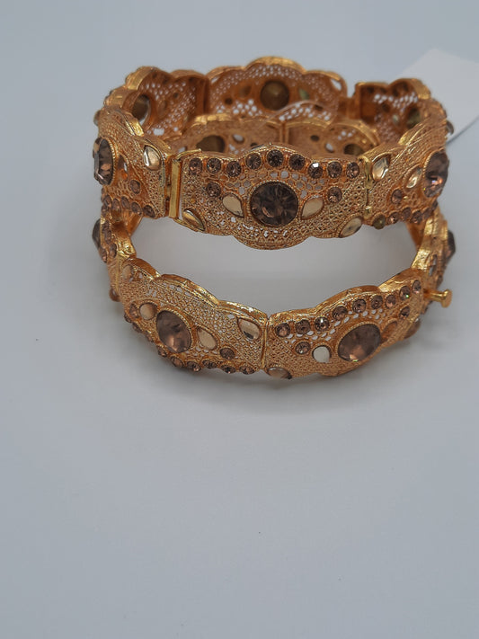 Adjustable bangles openable bangles pair of 2 bangles in golden and rose gold tinge with champagne color stones - NATASHAHS