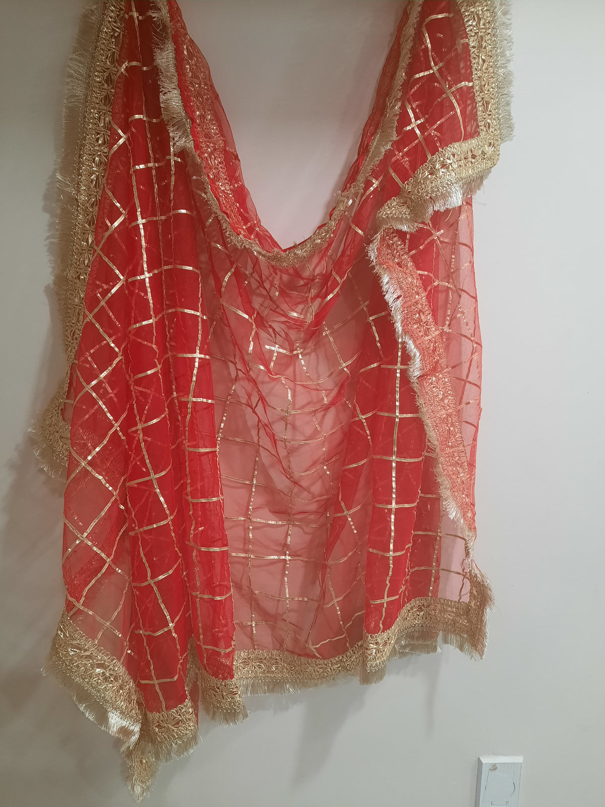 red net dupatta with gold gota-patti grid embroidery for wedding Nikah dupatta