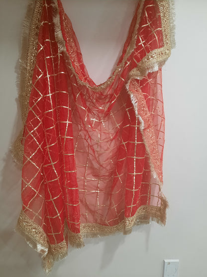 red net dupatta with gold gota-patti grid embroidery for wedding Nikah dupatta