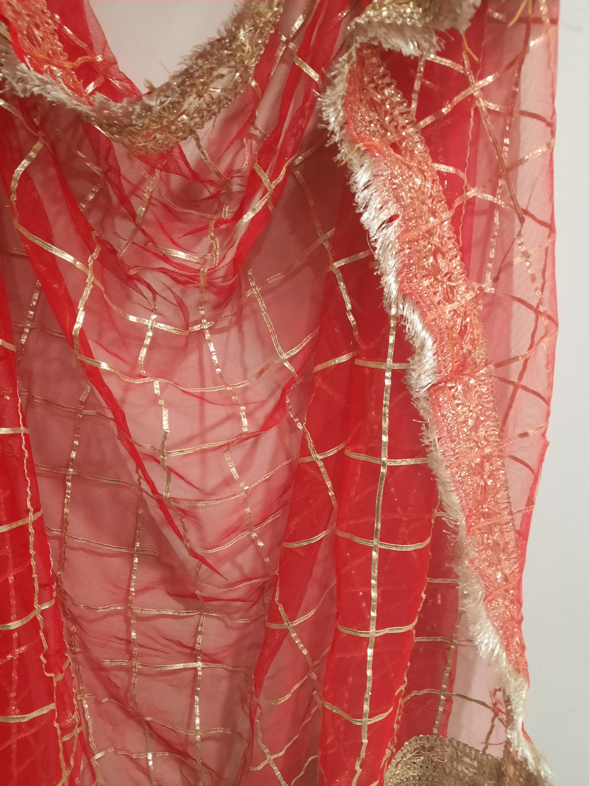 red net dupatta with gold gota-patti grid embroidery for wedding Nikah dupatta