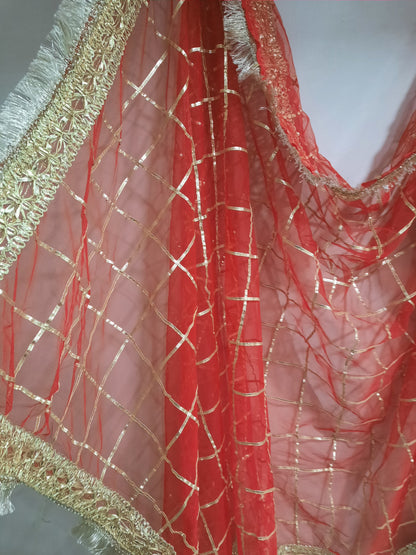 red net dupatta with gold gota-patti grid embroidery for wedding Nikah dupatta