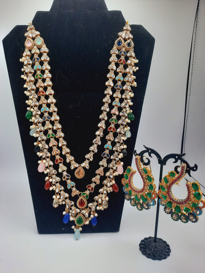 Long maala necklace made in multicolor beads and kundan with earrings