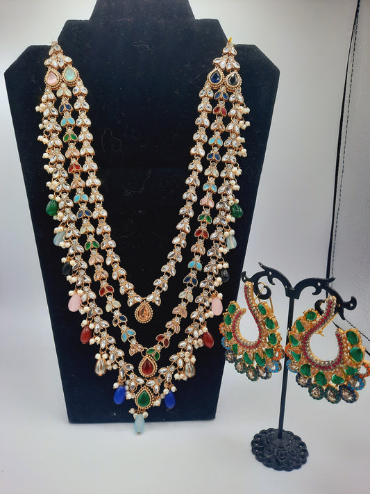 Long maala necklace made in multicolor beads and kundan with earrings