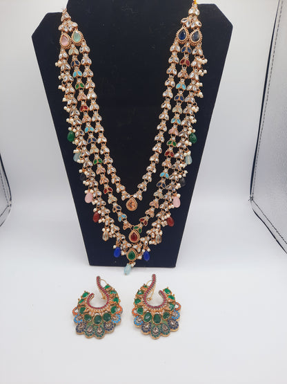 Long maala necklace made in multicolor beads and kundan with earrings