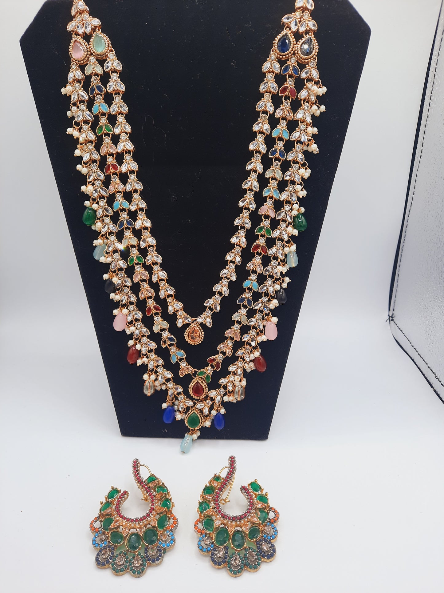 Long maala necklace made in multicolor beads and kundan with earrings