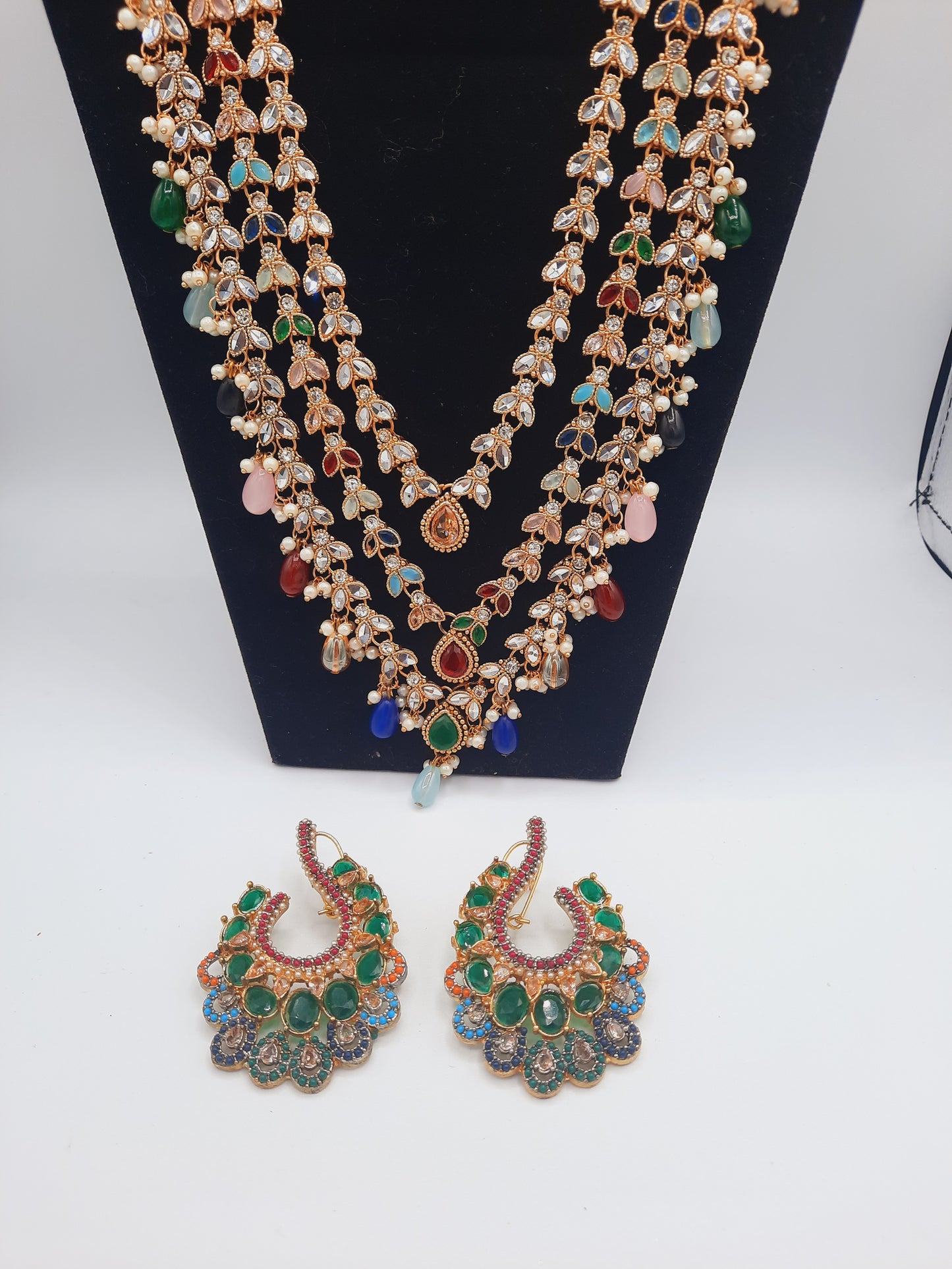 Long maala necklace made in multicolor beads and kundan with earrings
