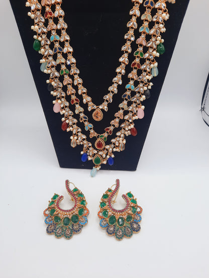 Long maala necklace made in multicolor beads and kundan with earrings