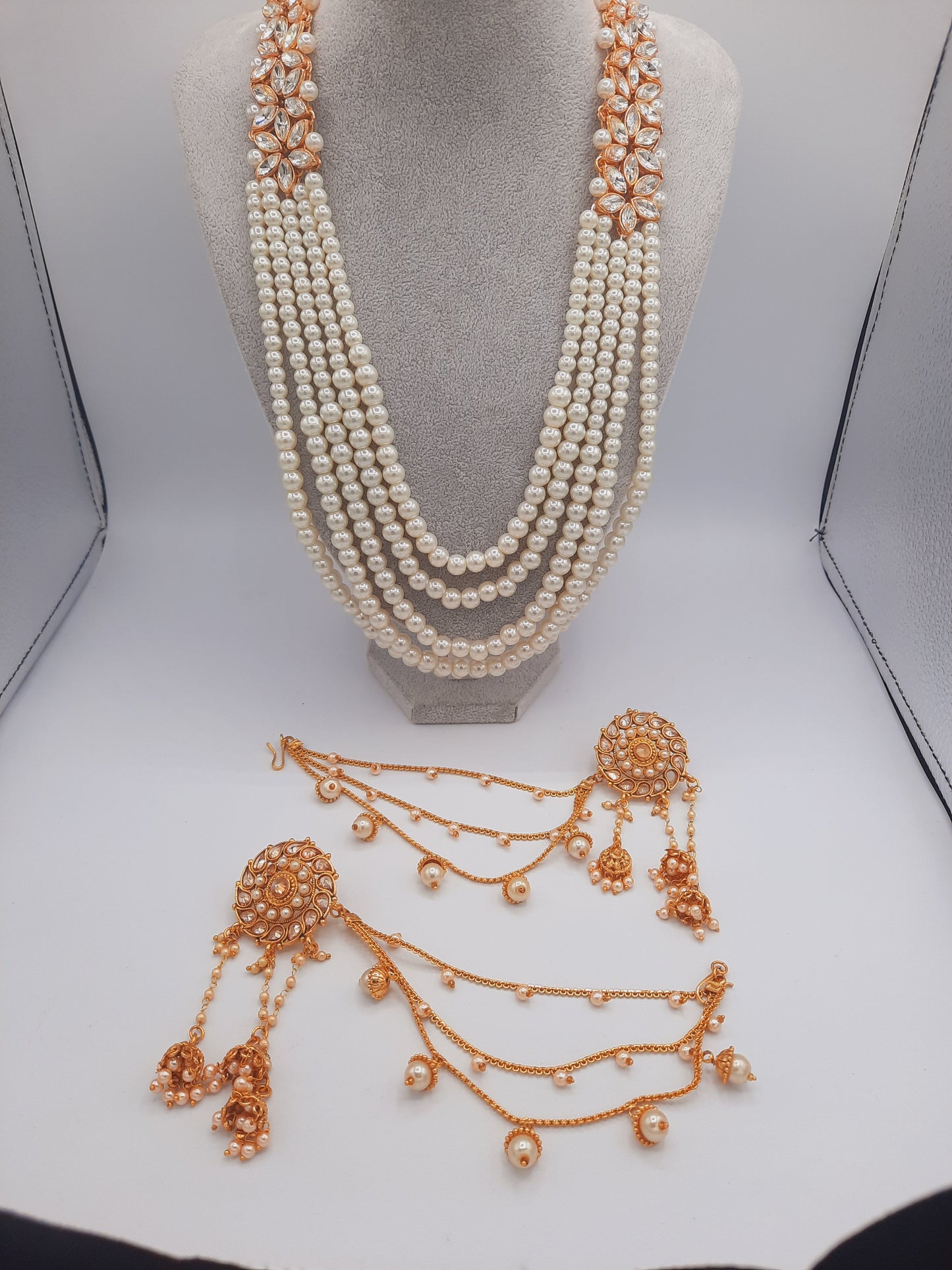 White long maala necklace with white pearls and Kundan Bali with chain and Devdas jhumkas