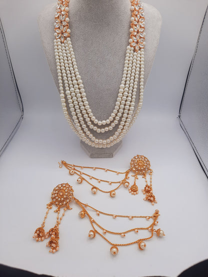White long maala necklace with white pearls and Kundan Bali with chain and Devdas jhumkas