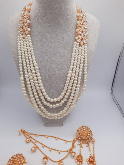 White long maala necklace with white pearls and Kundan Bali with chain and Devdas jhumkas