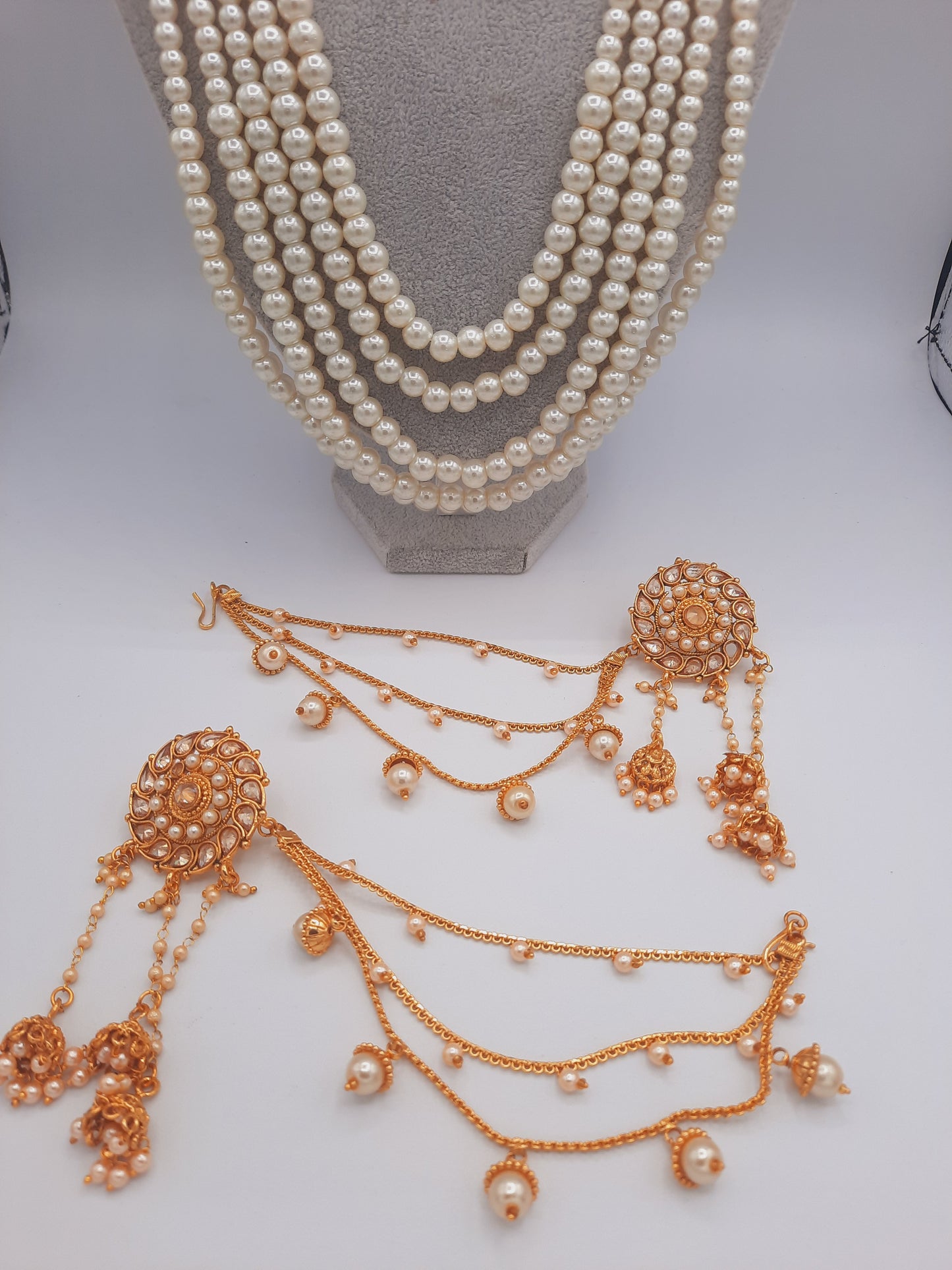 White long maala necklace with white pearls and Kundan Bali with chain and Devdas jhumkas