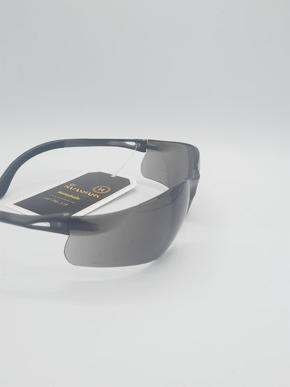 Sports curved dark gray/black wraparound sunglasses with dark grey frame and dark grey lenses