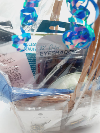 Gift basket with all makeup essentials for a girl to pamper with essential products