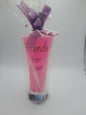 A sentimental, gift-wrapped "Friends For Ever" novelty pink pilsner glass or vase keepsake