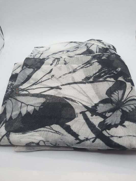 lightweight, semi-sheer monochrome butterfly print scarf/shawl