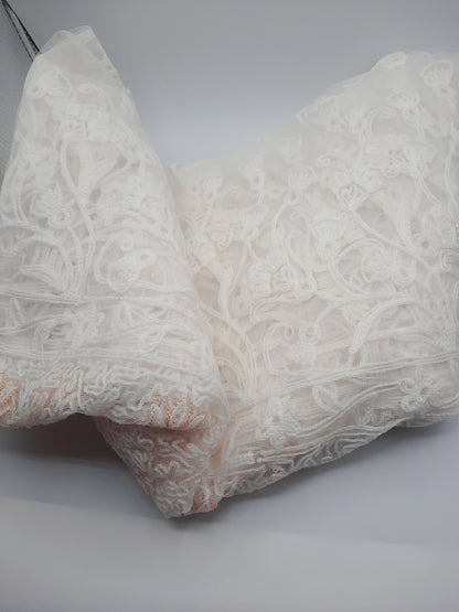 Authentic Lucknowi Chikankari Embroidered in golden and white threads Net Dupatta/Shawl/ Dupatta