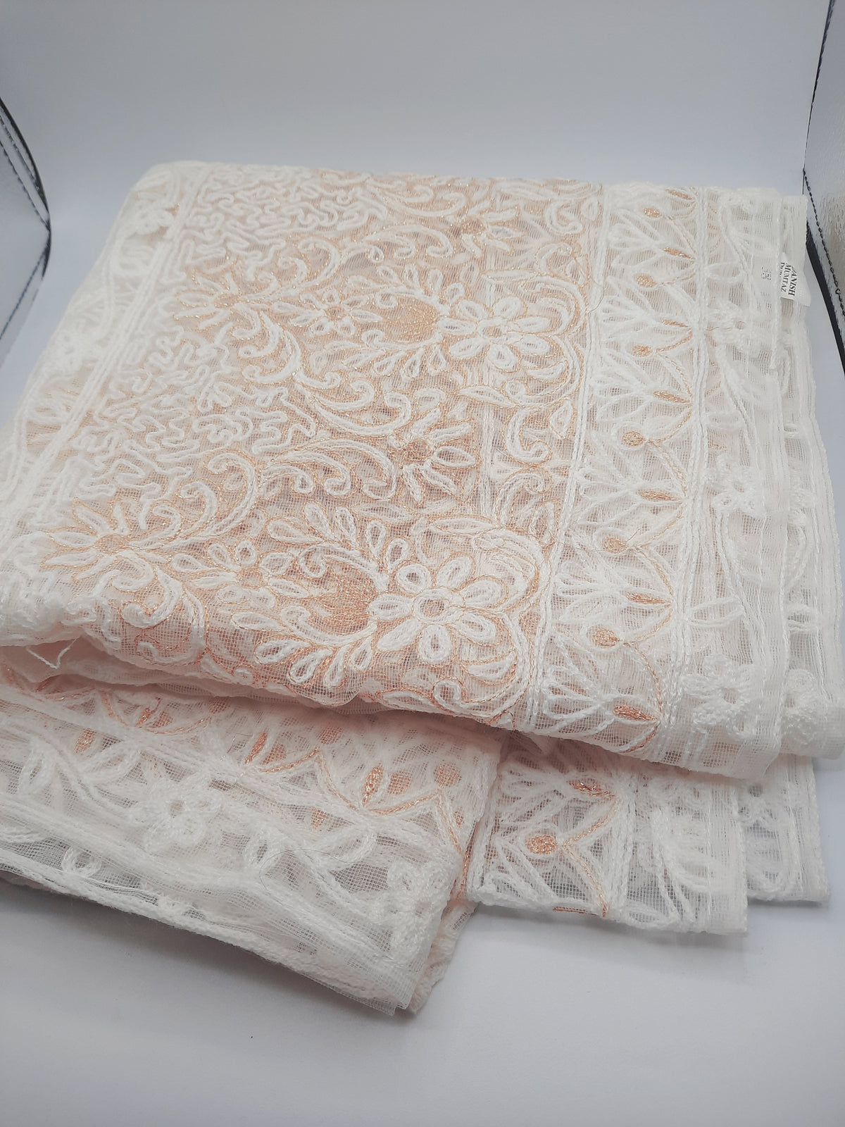 Authentic Lucknowi Chikankari Embroidered in golden and white threads Net Dupatta/Shawl/ Dupatta