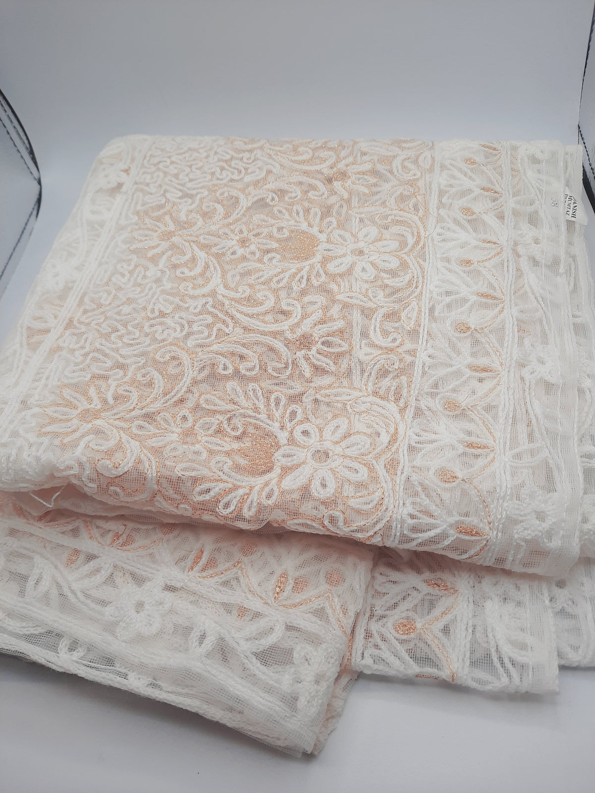 Authentic Lucknowi Chikankari Embroidered in golden and white threads Net Dupatta/Shawl/ Dupatta