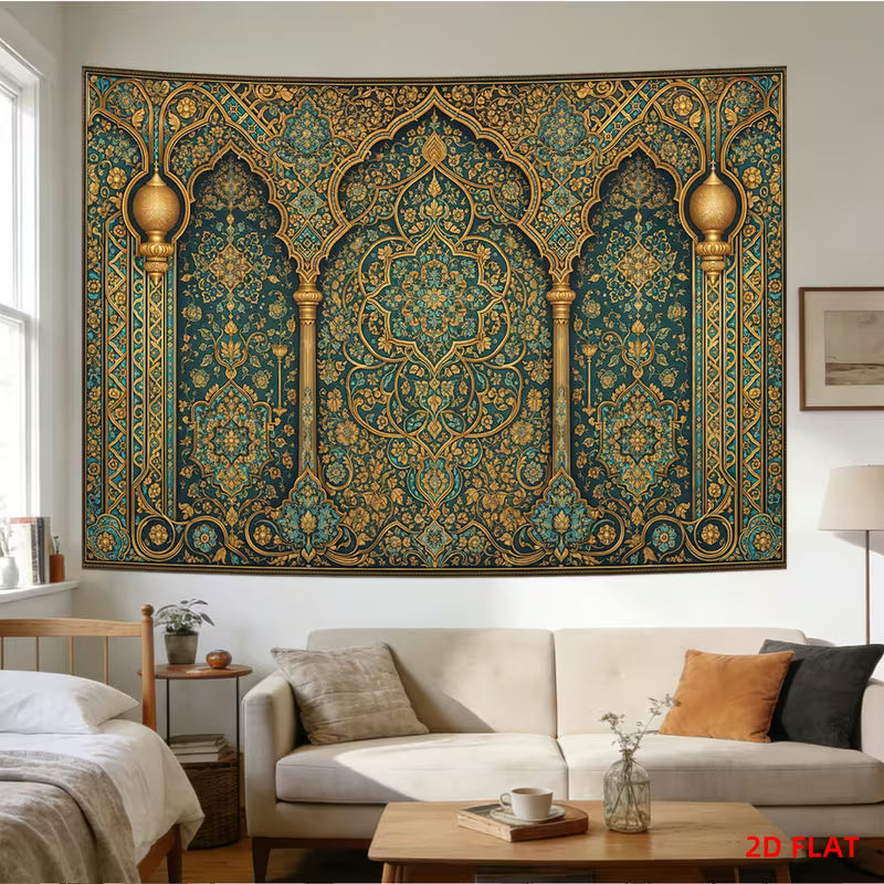2D Flat, 1 Large Islamic Wall Tapestry Suitable for Bedroom, Living Room Decor - Large Horizontal Islamic Panel with Golden & Turquoise Islamic Patterns, Non-Luminous Hanging