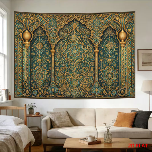 2D Flat, 1 Large Islamic Wall Tapestry Suitable for Bedroom, Living Room Decor - Large Horizontal Islamic Panel with Golden & Turquoise Islamic Patterns, Non-Luminous Hanging