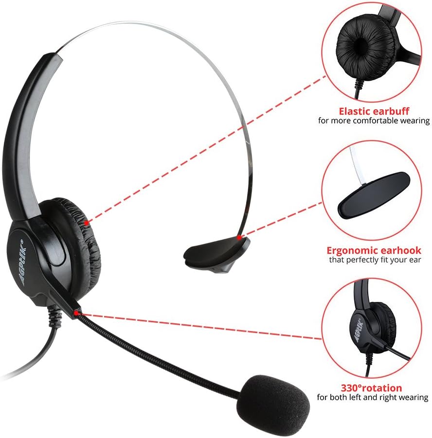 AGPtek Hands-free Call Center Noise Cancellation Corded Monaural Headset Telephone, with Backlight Tone Dial Key Pad & REDIAL + Desk Phone Headphones PC Recording Function