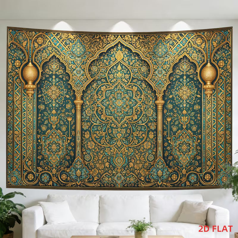 2D Flat, 1 Large Islamic Wall Tapestry Suitable for Bedroom, Living Room Decor - Large Horizontal Islamic Panel with Golden & Turquoise Islamic Patterns, Non-Luminous Hanging