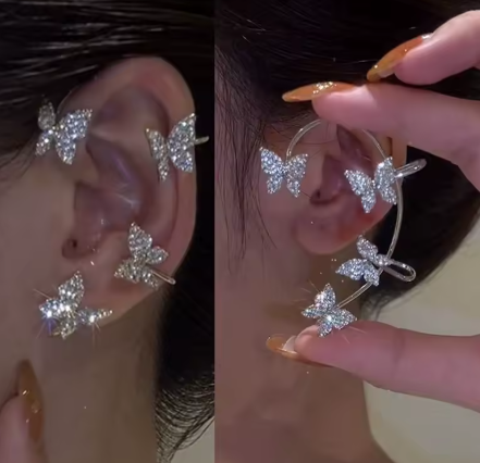Gold Silver Color Metal Butterfly Ear Clips Without Piercing For Women Sparkling Zircon Ear Cuff Clip Earrings Wedding Jewelry - NATASHAHS