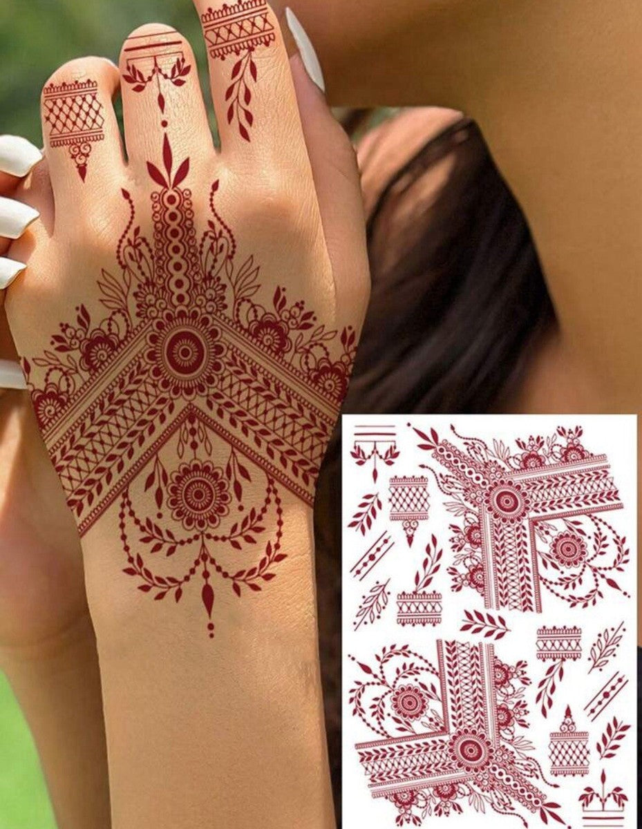 Elegant Red Henna Temporary Tattoo Stickers For Hands & Fingers, IntricateFloral Mandala Mehndi Design, Waterproof Long-Lasting Body Art For Women,Festivals, Parties & Special Occasions,Formulated Without Henna