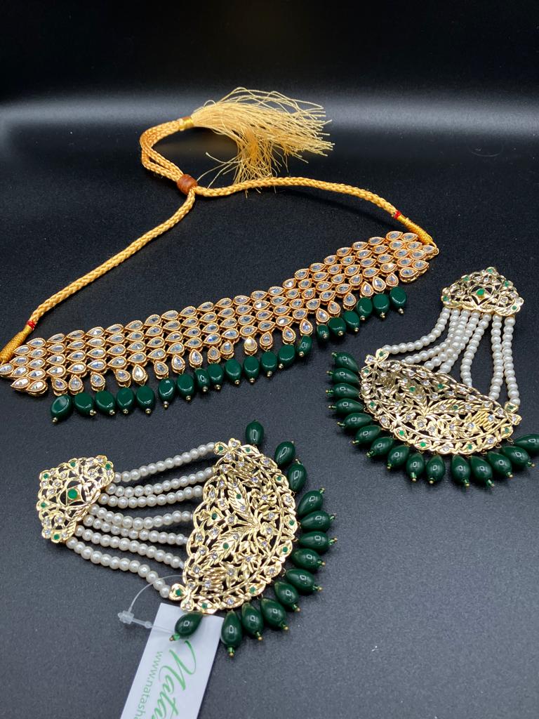 KUNDAN RED PEARLS & STONES GOLD-BASED EARRINGS WITH KUNDAN WORK CHOKER HYDERABADI STYLE JEWELRY SET