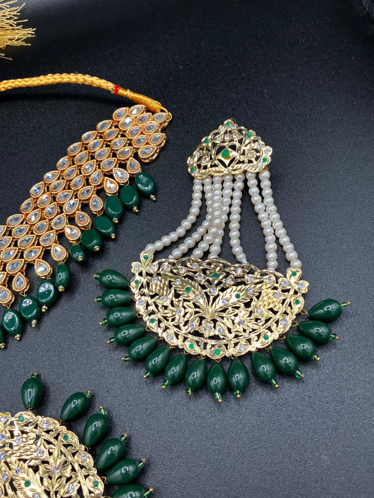 KUNDAN RED PEARLS & STONES GOLD-BASED EARRINGS WITH KUNDAN WORK CHOKER HYDERABADI STYLE JEWELRY SET