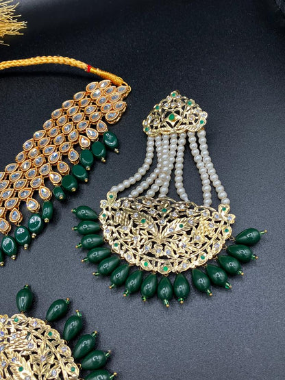 KUNDAN RED PEARLS & STONES GOLD-BASED EARRINGS WITH KUNDAN WORK CHOKER HYDERABADI STYLE JEWELRY SET