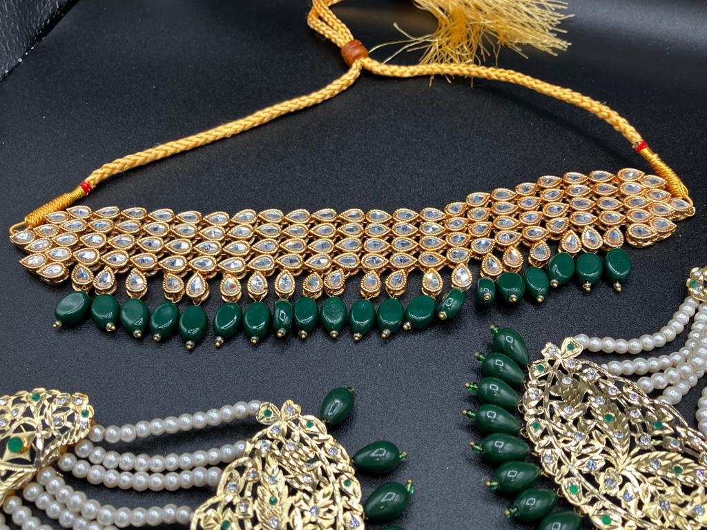 KUNDAN RED PEARLS & STONES GOLD-BASED EARRINGS WITH KUNDAN WORK CHOKER HYDERABADI STYLE JEWELRY SET