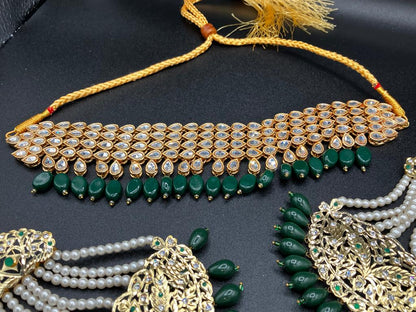 KUNDAN RED PEARLS & STONES GOLD-BASED EARRINGS WITH KUNDAN WORK CHOKER HYDERABADI STYLE JEWELRY SET