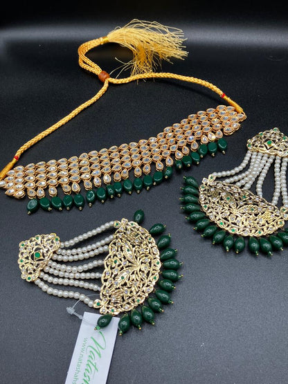KUNDAN RED PEARLS & STONES GOLD-BASED EARRINGS WITH KUNDAN WORK CHOKER HYDERABADI STYLE JEWELRY SET