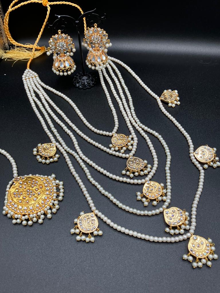 Bridal style kundan long mala kundan choker kundan jhumka and kundan teeka - NATASHAHS