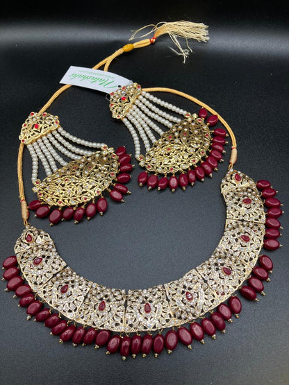 KUNDAN RED PEARLS & STONES GOLD-BASED EARRINGS WITH KUNDAN WORK CHOKER HYDERABADI STYLE JEWELRY SET