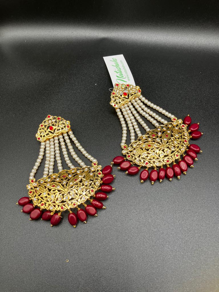 KUNDAN RED PEARLS & STONES GOLD-BASED EARRINGS WITH KUNDAN WORK CHOKER HYDERABADI STYLE JEWELRY SET