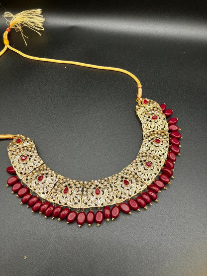 KUNDAN RED PEARLS & STONES GOLD-BASED EARRINGS WITH KUNDAN WORK CHOKER HYDERABADI STYLE JEWELRY SET