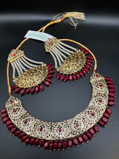 KUNDAN RED PEARLS & STONES GOLD-BASED EARRINGS WITH KUNDAN WORK CHOKER HYDERABADI STYLE JEWELRY SET