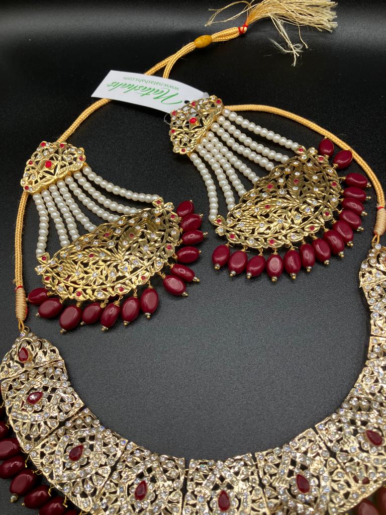 KUNDAN RED PEARLS & STONES GOLD-BASED EARRINGS WITH KUNDAN WORK CHOKER HYDERABADI STYLE JEWELRY SET