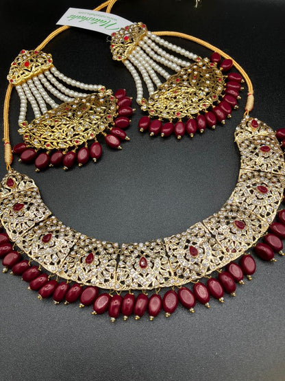 KUNDAN RED PEARLS & STONES GOLD-BASED EARRINGS WITH KUNDAN WORK CHOKER HYDERABADI STYLE JEWELRY SET
