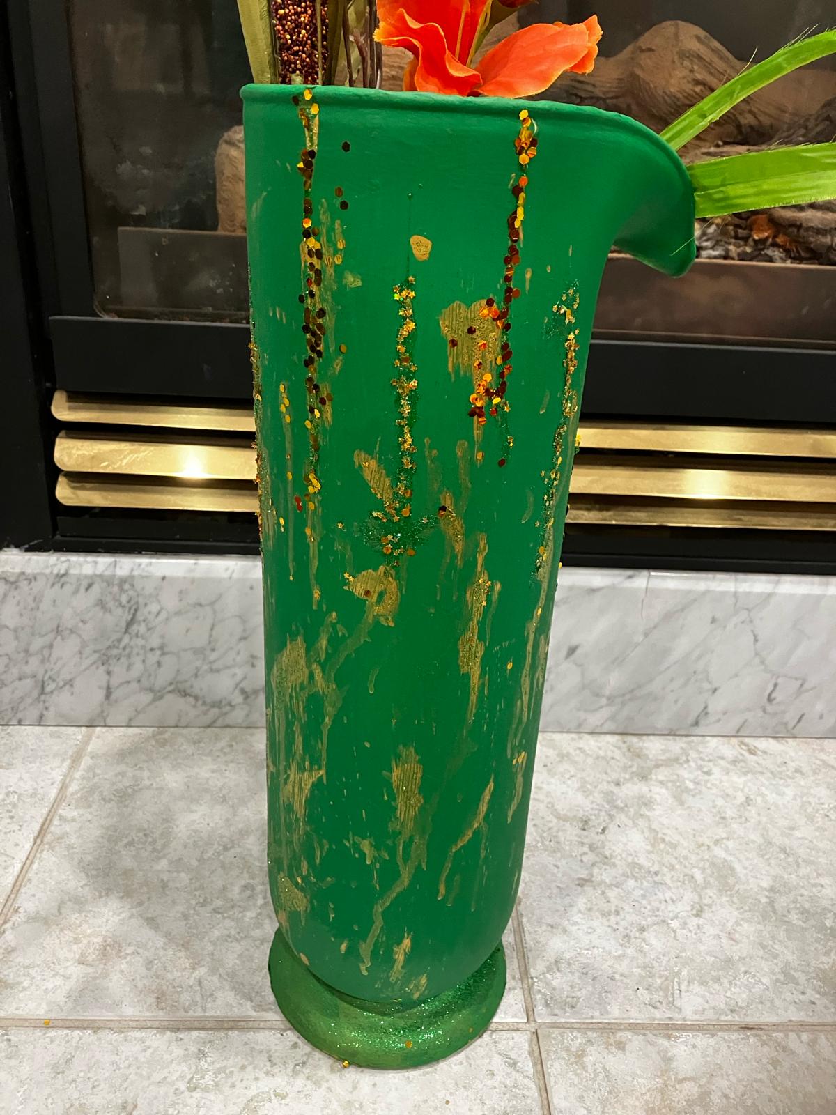Painted pitcher style glass vase in Green color with sequin and golden print touch - NATASHAHS