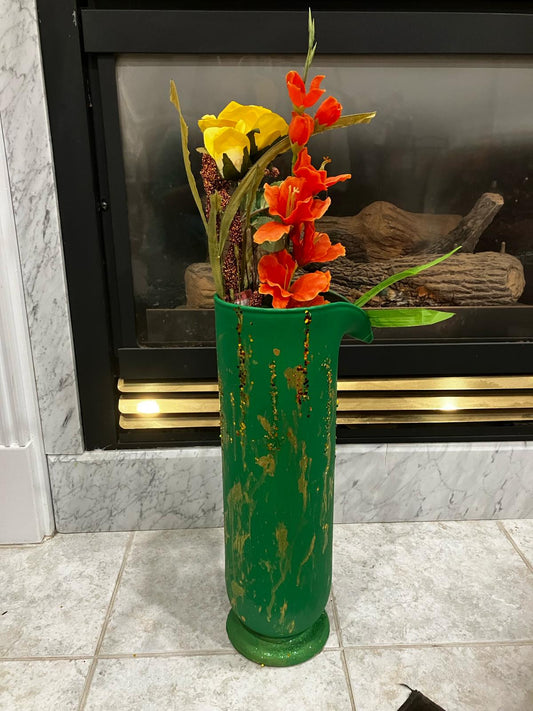 Painted pitcher style glass vase in Green color with sequin and golden print touch - NATASHAHS