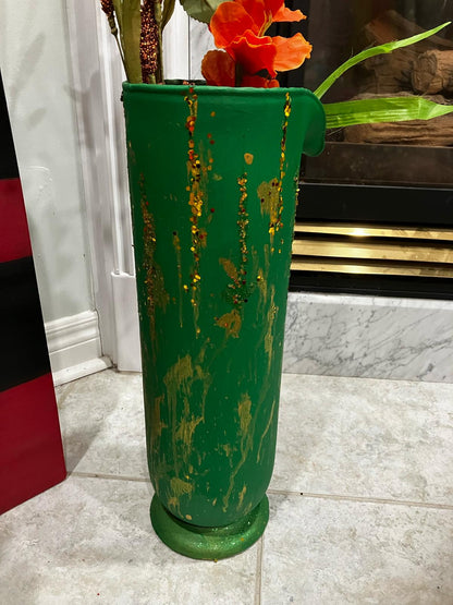 Painted pitcher style glass vase in Green color with sequin and golden print touch - NATASHAHS