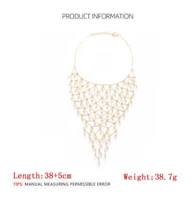 Luxury Gold Mesh Clear Crystal Tassel Necklace for Women Statement Neck Jewelry Wedding Evening Party Accessories
