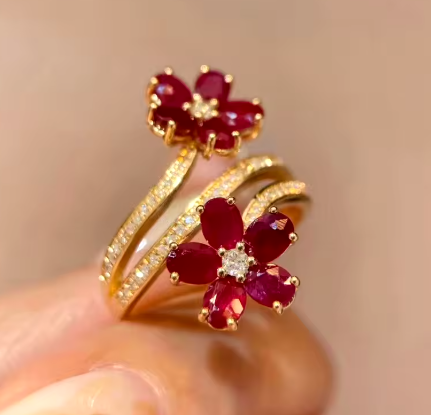 Fashion Vintage Delicate Floral Ruby Rings for Female Temperament Inlaid Full of Cubic Zirconia Opening Ring Party Birthday Gift - NATASHAHS